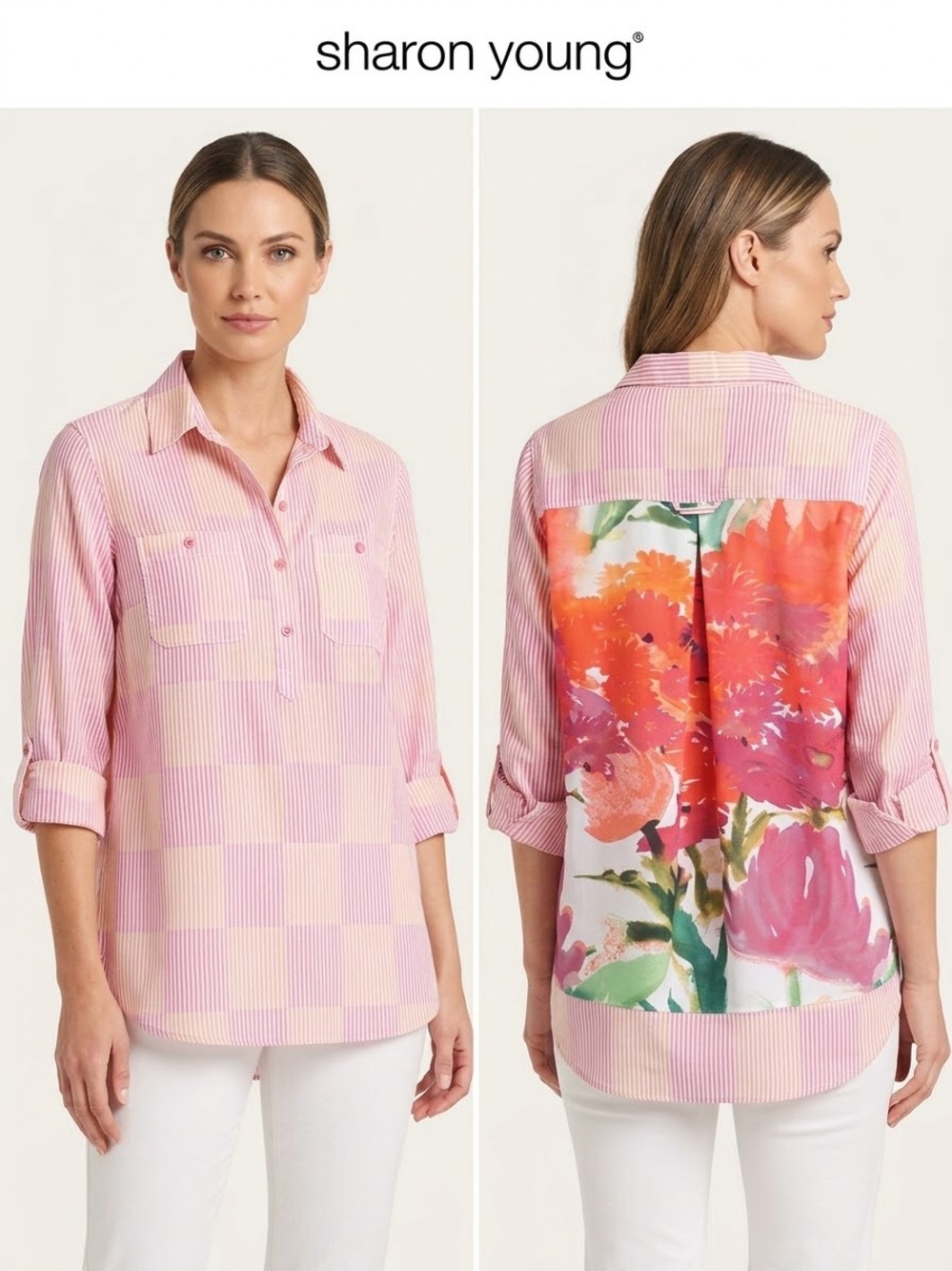 Sharon Young Pink Striped Front with Vibrant Floral Back Button-Down